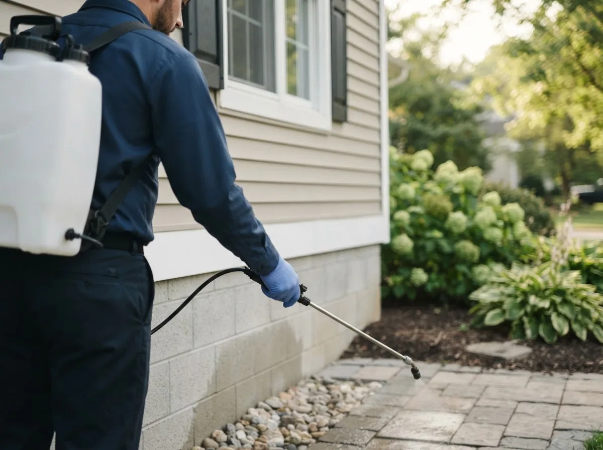 Pest control technician inspecting a home in Sharpsburg, NC